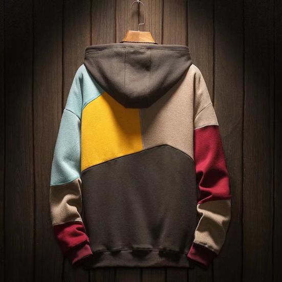 Men Autumn Hoodie Color Matching Thin Fleece Hooded Long Sleeves Oversized Keep Warm Big Pocket Casual Spring Hoodie for Daily Wear