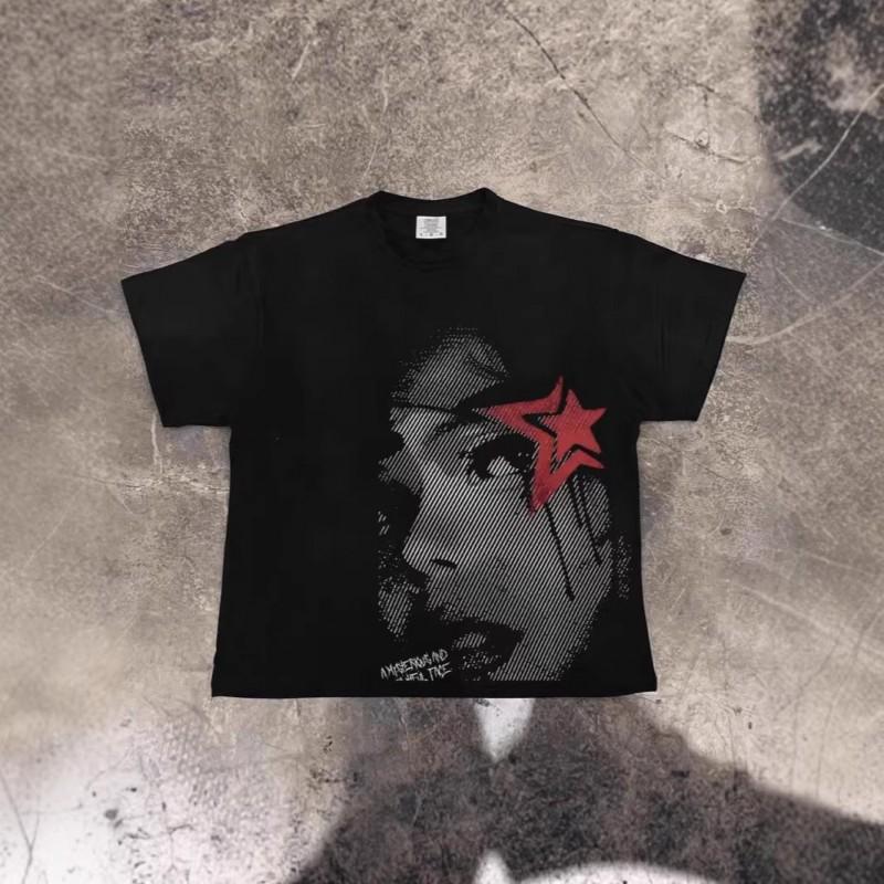 Heavyweight Cotton Oversize T-Shirt Unisex Women 5-Star Face Print Y2K Style Casual Short Sleeve