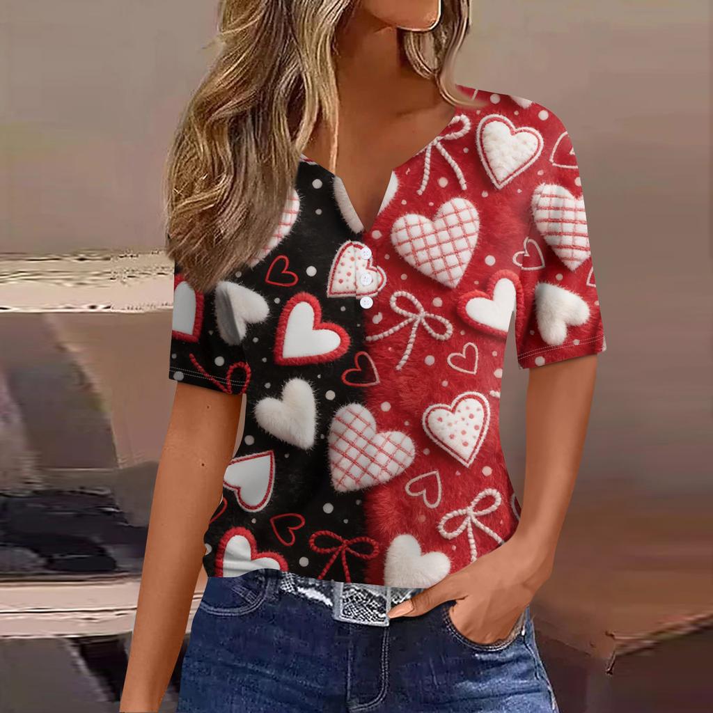 Women's Fashion Casual V,Neck Short,Sleeve T,Shirt With Decorative Buttons And Valentine's Day Print Top