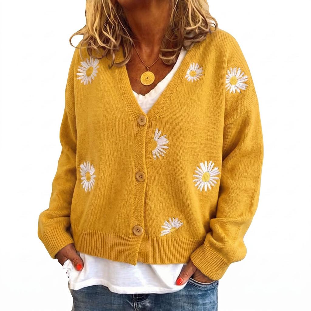 YYFS Suéteres Casuales de Moda para Mujer Otoño Invierno Estampado de Flores Manga Larga Cuello en V