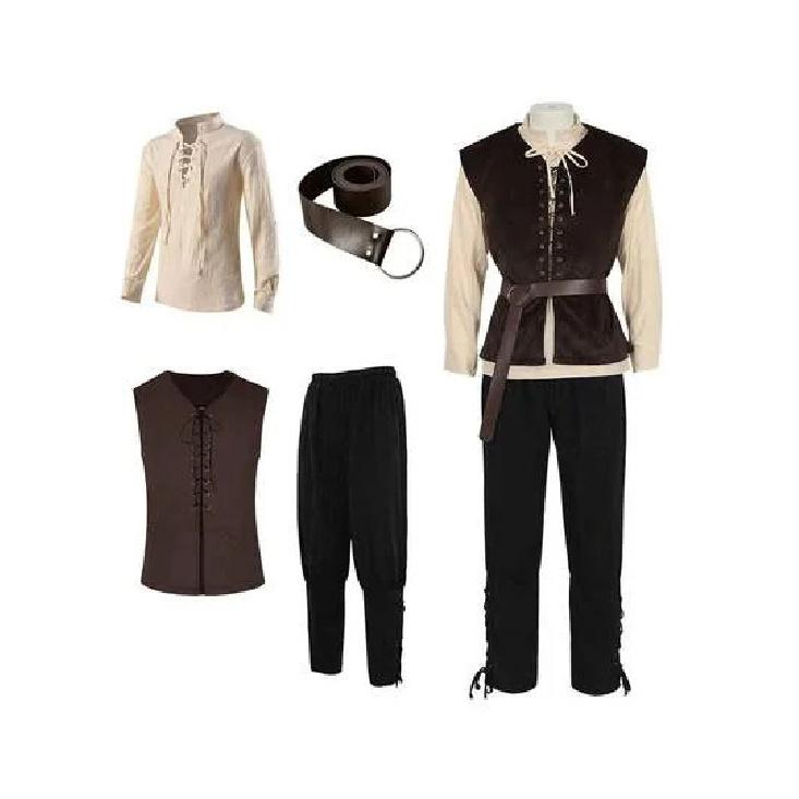 4 Pcs Men's Halloween Renaissance Costume Set Medieval Vest Shirt Ankle Banded Pants Viking Belt Armband Pouch