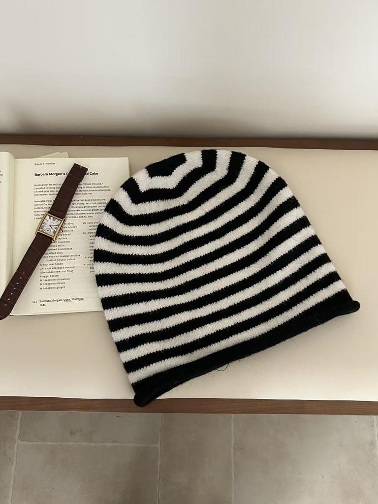 Japanese simple striped wool hat women's autumn and winter warm ear protection stacking hat drawstring cold hat pullover hat men's versatile new