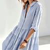 European and American fresh blue and white striped shirt skirt loose versatile lapel contrasting color casual commuter vacation dress