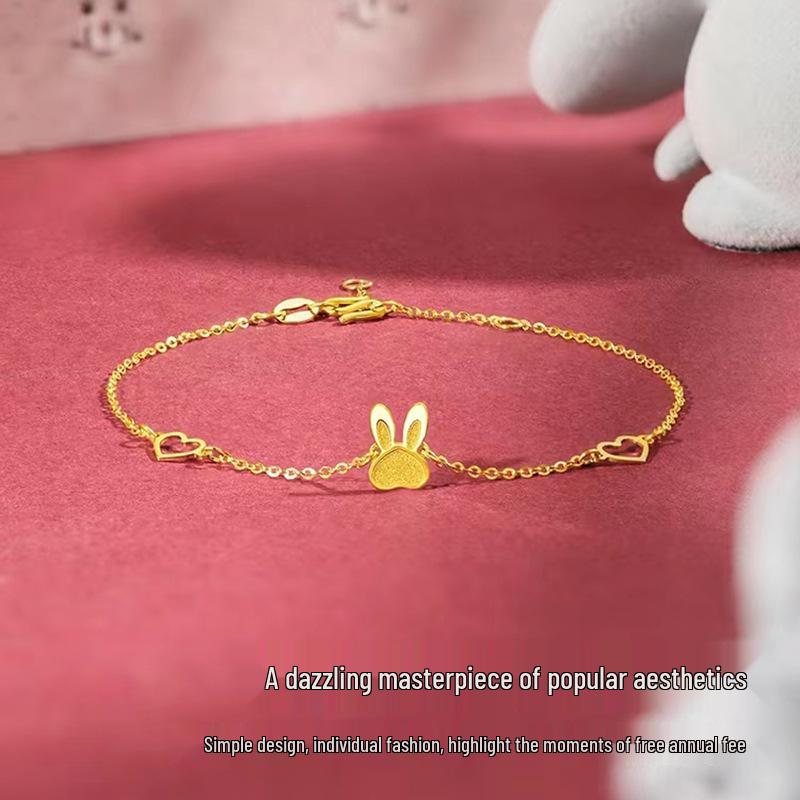 Vietnam Sand Gold Pretty Rabbit Bracelet with White Rabbit Charm and Brass Gold-Plated Beads - Lovely Jewelry Gift