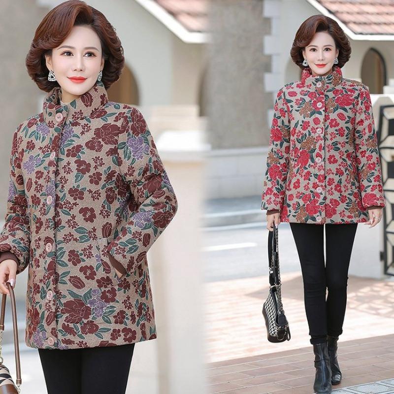 Autumn and Winter Cotton and Linen Printing Fleece Warm Cotton-padded Jacket Stand-up Collar Cotton-padded Jacket Year-old Floral