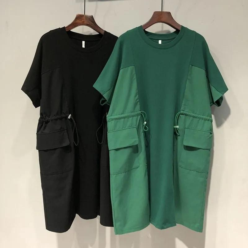 Women Dresses Fat Extra Large Size Drawstring Waist Stitching Short Sleeve Dress Female Summer Loose Clothing