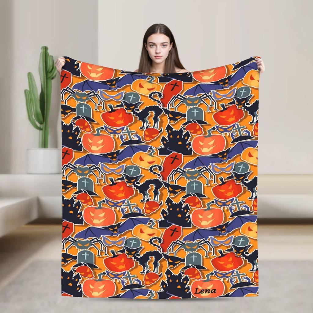 Cute Ghost Pumkin Skull Bat Blanket Warm Soft Throw Blanket Winter Decorative Couch Chair Sofa Bed Street Trend Bedspread