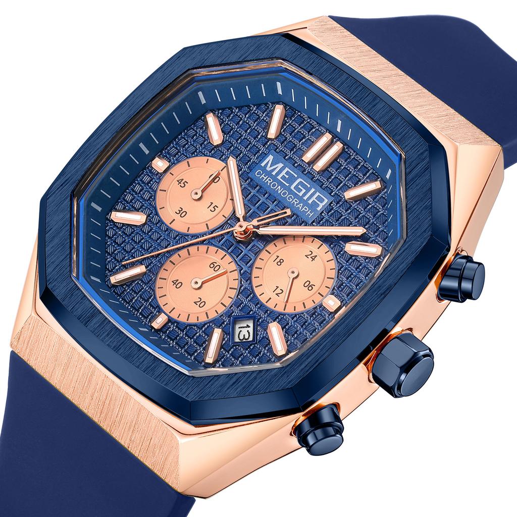 MEGIR 2215 Men Luxury Watches Fashion Casual Sports Chronograph Silicone Strap Quartz Wristwatch Calendar Waterproof Clock