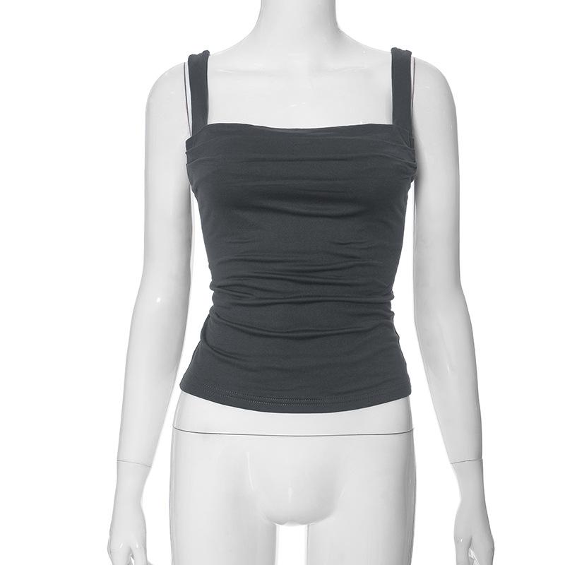 GMXIA Women's Spring Halter Slim Solid Color Patchwork Pleated Halter Vest T-shirt Top