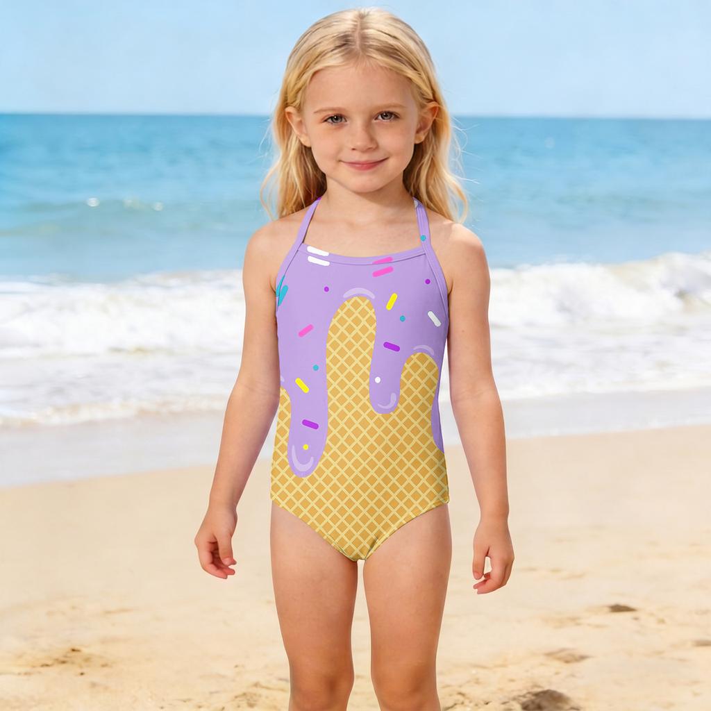 Girls One Piece Swimsuit Kids Summer Swimwear Children Beachwear Toddler Bathing Suit with Ice Cream Cone Print for Outdoor Water Activities