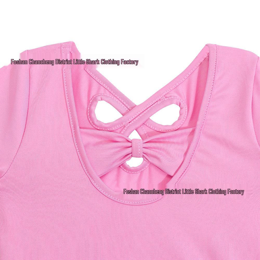 Girls' Short Sleeve Bow Jumpsuit with Sequin Half Skirt - Two-Piece Dance Outfit