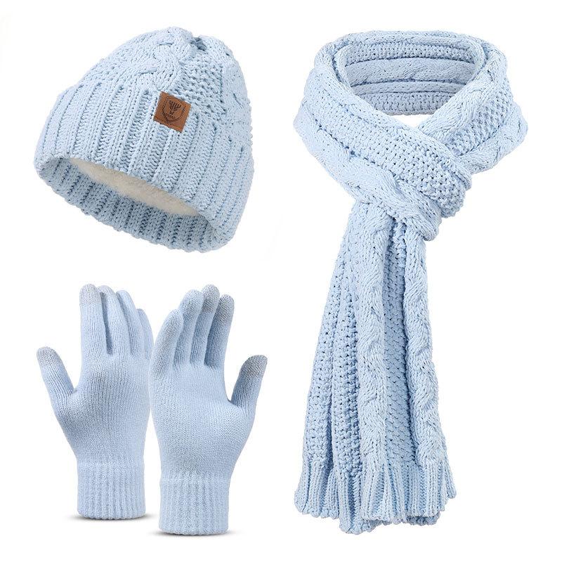 Winter Hat Scarf Gloves Three piece Set Men and Women Outdoor Plus Velvet Ear Protection Warm Knitted Hat Set