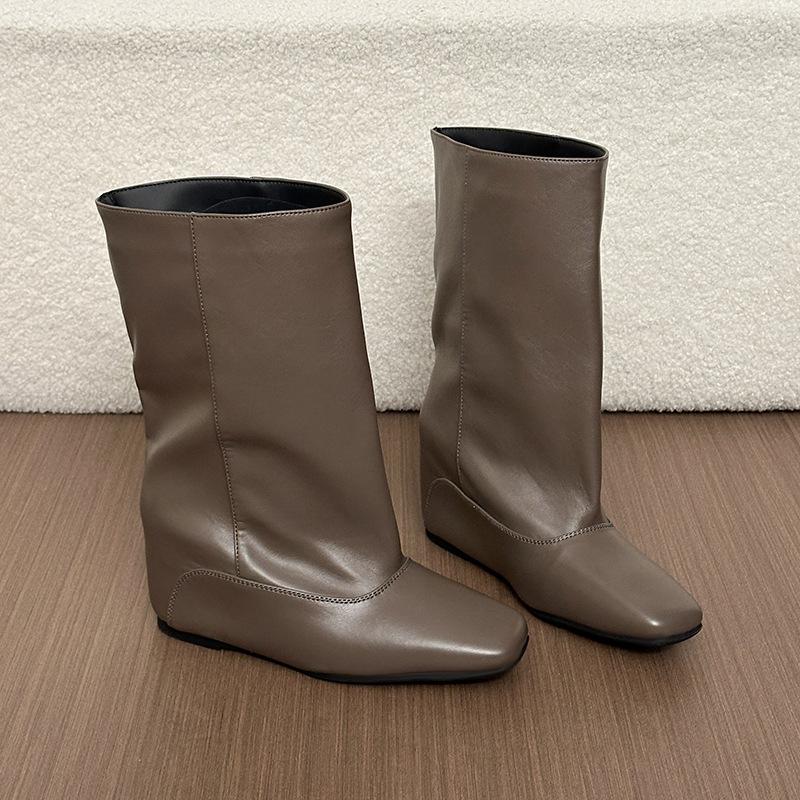 Knight boots inner height increase fashion boots outer wear square head solid color folds autumn and winter slope heel women's retro new models