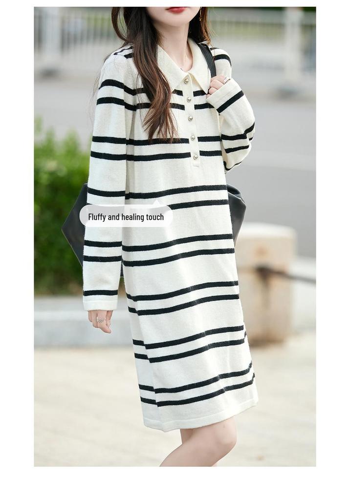 Women's Striped Wool Knit Sweater Dress with Half-Open Button-Up Polo Collar