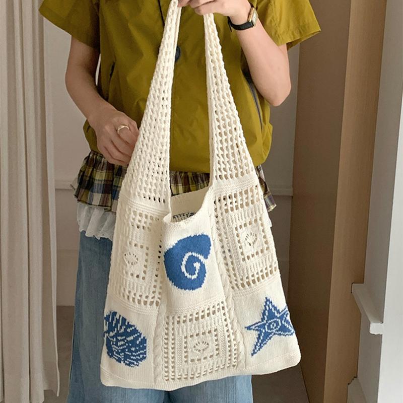Yogodlns Nová háčkovaná taška, Kabelka s velkou kapacitou, Vyšívaná háčkovaná taška s výpletem, Korejská háčkovaná denní kabelka