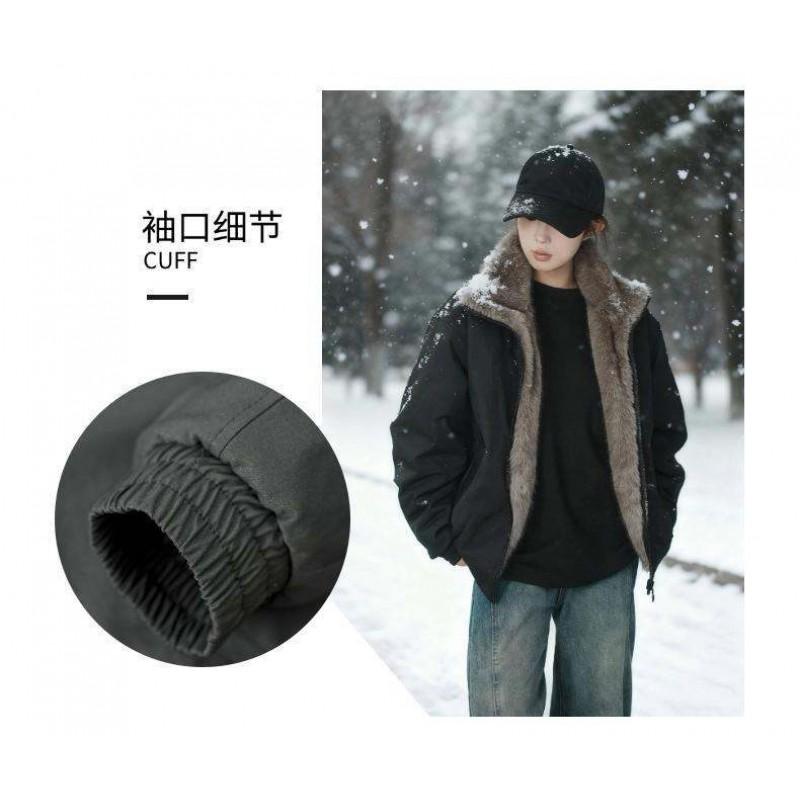 Reversible Warm Thickened Stand Collar Cotton Jacket Men Women Loose Fit Winter Outerwear In Black Gray Khaki