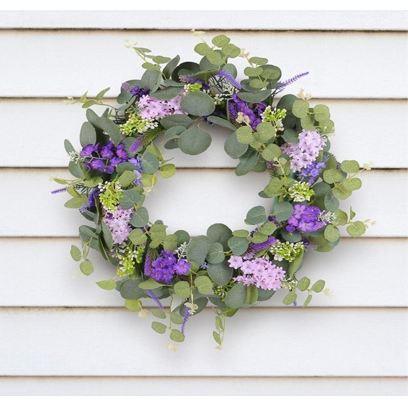 Artificial Spring Wreath Purpler Flower Wreath for Front Door Garden Outdoor