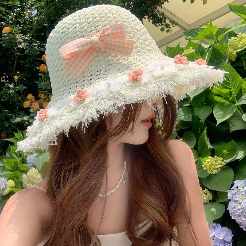 Kapelusz słomkowy pleciony z pustymi przestrzeniami w paski z kokardą i kwiatem dla kobiet, letni kapelusz chroniący przed słońcem do noszenia na zewnątrz, kapelusz rybacki