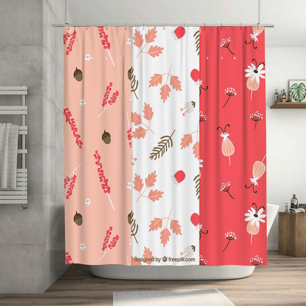 Stylish Bath Curtains with Autumn Leaves Design Set of 3 for Home Bathroom Decor in Pink, White Red Floral Pattern.