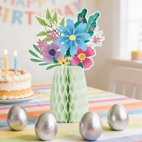 Wildflower Honeycomb Table Centerpiece 3D Floral Paper Vase with Bouquet Print Card for Spring Wedding Birthday Party Supplies