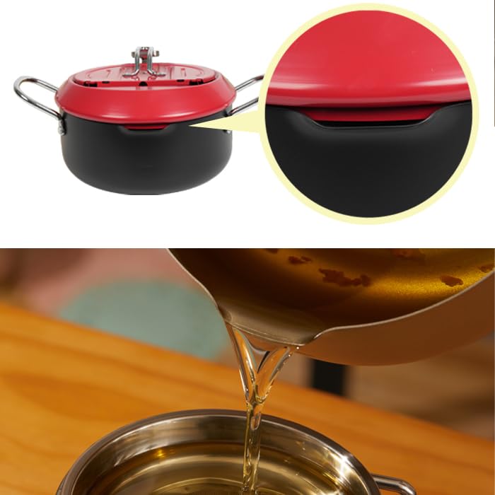 IH & Gas Stove Compatible Iron Deep Fryer Pan with Guard Frame, Tray Lid, and Thermometer - 20cm (Red)