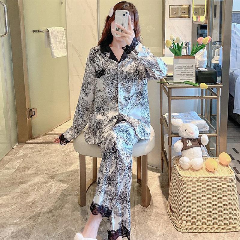 Women's Lingerie Pajamas Set Two-piece Silk Pajamas Long-sleeved Cardigan Trousers Printed Home Clothes Warm Season and Autumn Pajamas