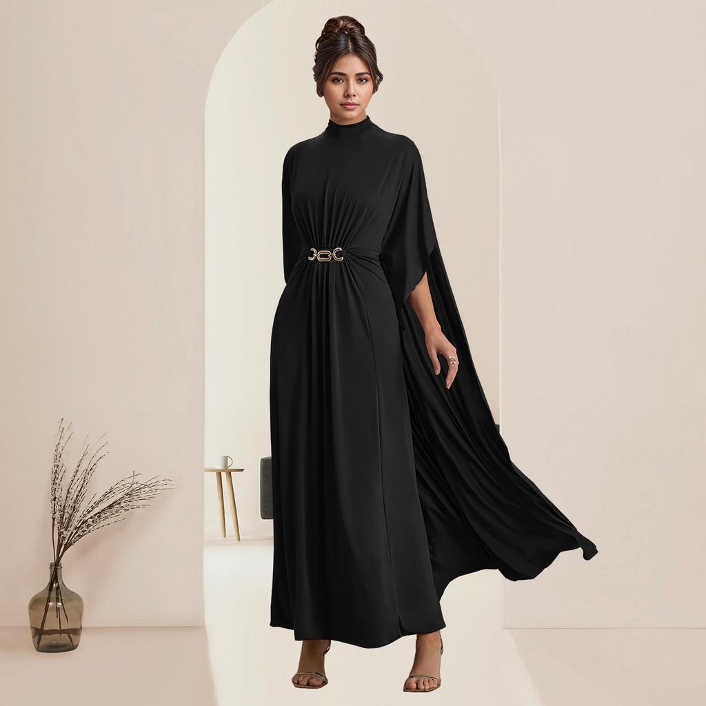 Damen Figurbetontes Taillenbetonendes Knopf-Schal-Kleid mit Rundhalsausschnitt