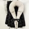 Winter lace-up hooded loose thickened coat women's retro versatile temperament real fox fur collar duck down jacket