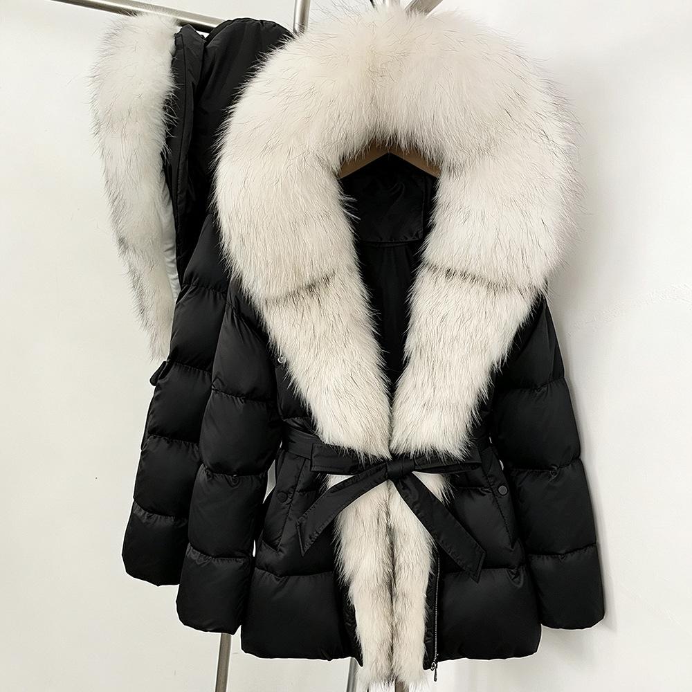 Winter lace-up hooded loose thickened coat women's retro versatile temperament real fox fur collar duck down jacket