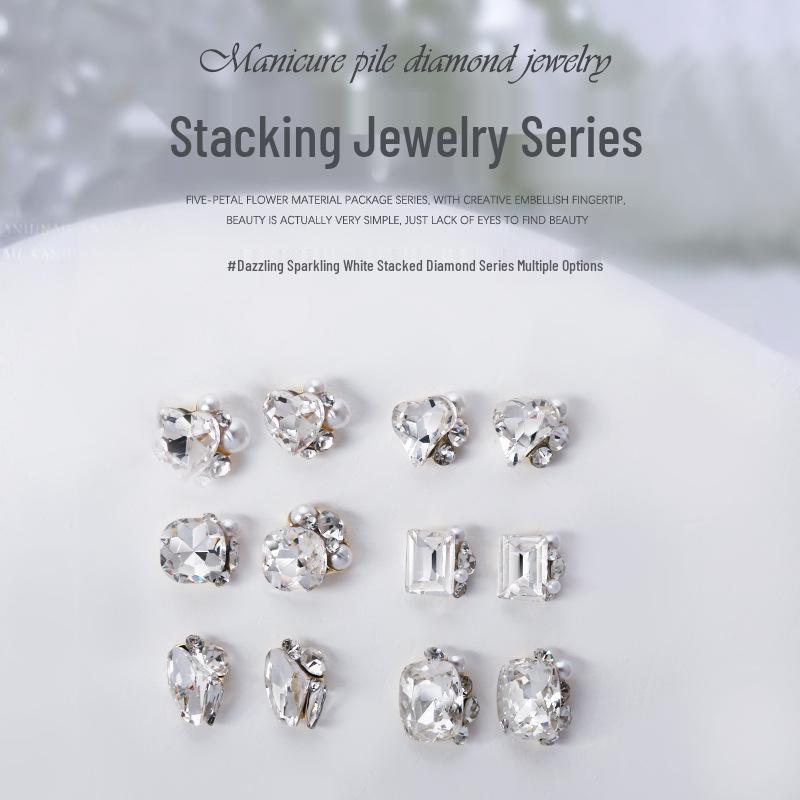 

3D Rhinestone Pearl Nail Art: White Stacked Heart & Square Diamonds (2 Pcs)