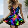 Damen Übergröße V-Ausschnitt Spaghettiträger Hoher Bund Neon Regenbogen Batik-Print Minikleid
