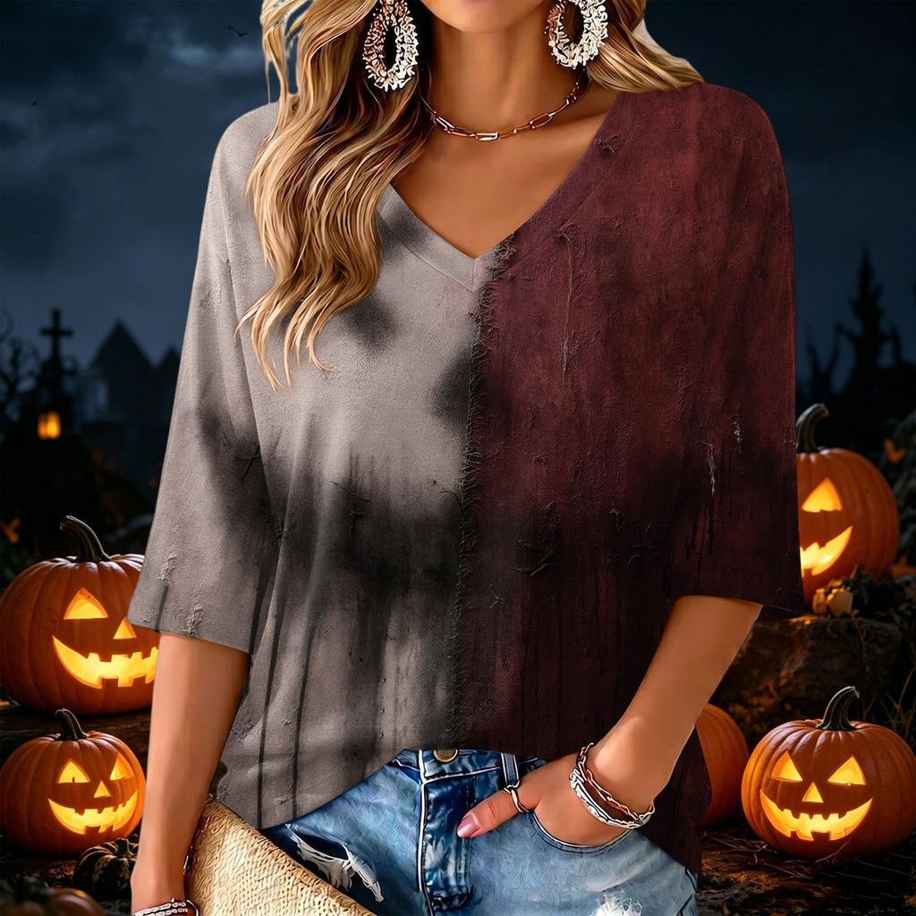 Women's V-Neck Halloween Print Lightweight Blouse for Spring and Summer