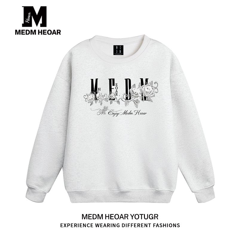 

Medm Heoar Casual Crew Neck Sweatshirt Printed American Style Loose Top Couple s Hoodless Winter [All Three Labels Complete] White Gray [Regular Style] Printed Style 2XL