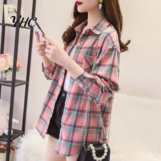 Ladies Blouse Turn Down Collar Long Sleeve Single-breasted Patch Pocket Loose Shirt Top Classic Plaid Print Casual Female Clothing