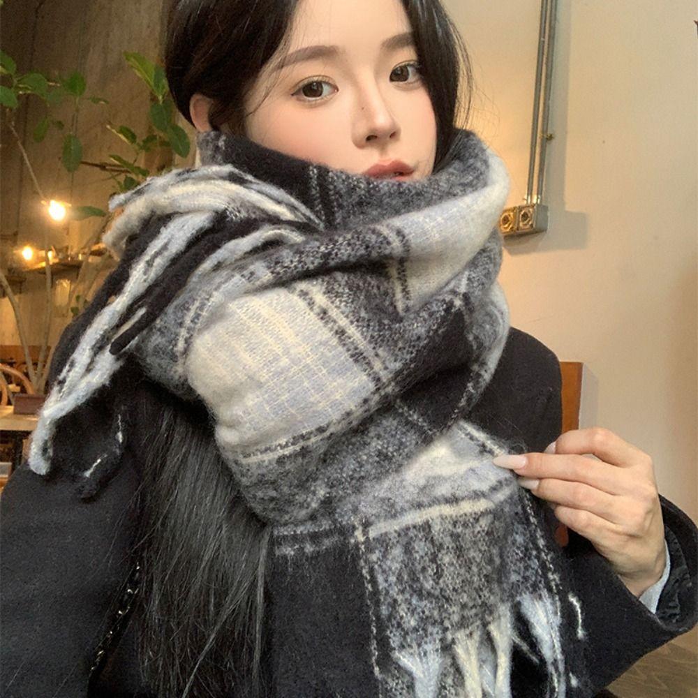 Plush Plaid Wool Scarf Mohair Long Shawl Simple Winter Cashmere Scarves Autumn Winter