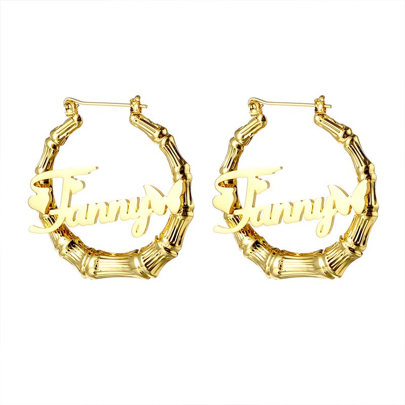 Fashion Earring Jeweley Stainless Steel 18K Gold Plated Bamboo Custom Letter Name Big Large Hoop Earrings for Women