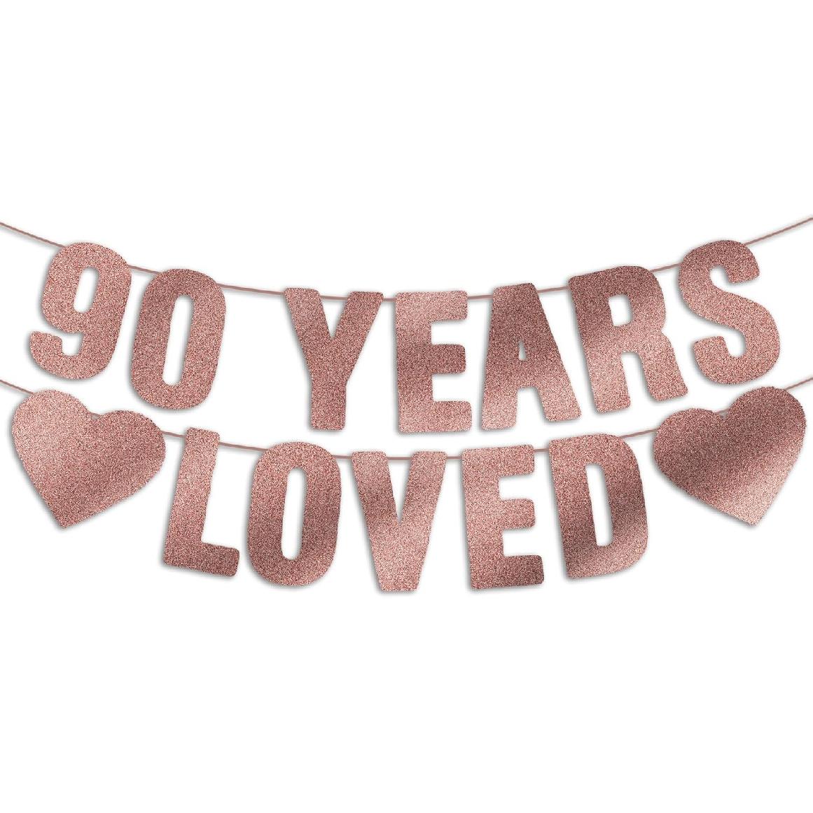 Pre-Strung 90th Birthday Banner - Rose Gold Glitter, Happy 90th Birthday Decorations for Women, 90 Year Old Party Decor Sign for Her