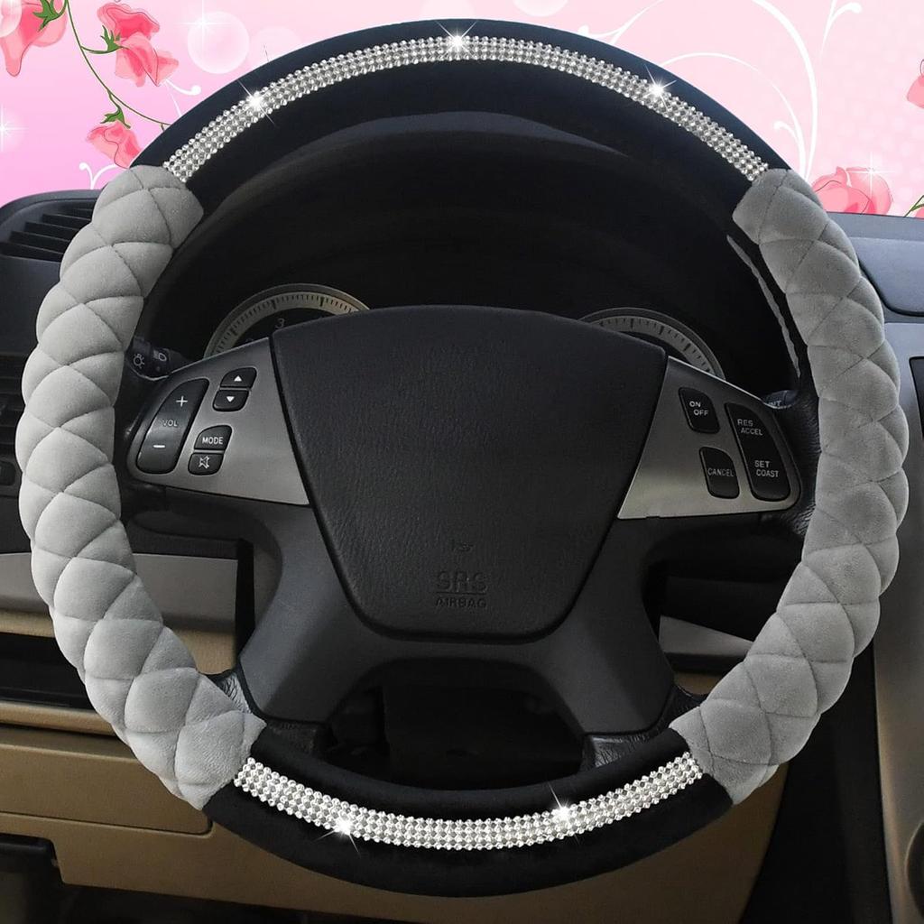 Bling Bling Steering Wheel Cover Universal Luxury Plush Belt Crystal Rhinestone Non-Slip Wheel Protective Cover Women's Girls New 15 Inches Gray
