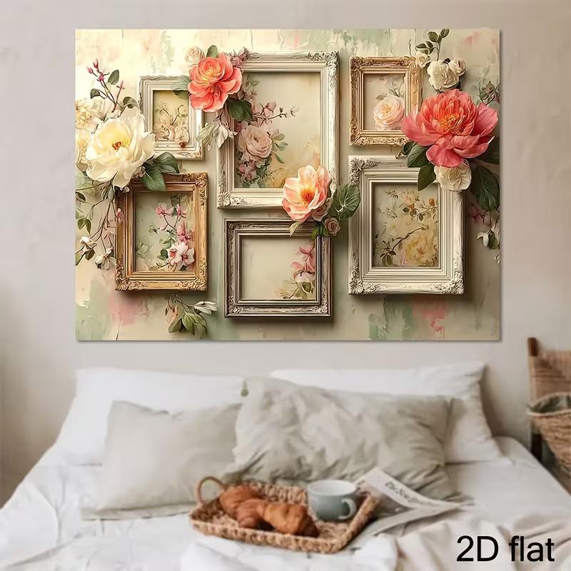 2D Floral Art Frame Backdrop Elegant Vintage Flower Frame Party Background Banner
