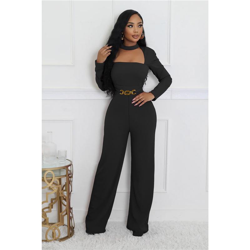 

European & American Autumn V-neck Waist-Cinching Long-Sleeve Solid Color Wide-Leg Jumpsuit for Women 2XL чорний