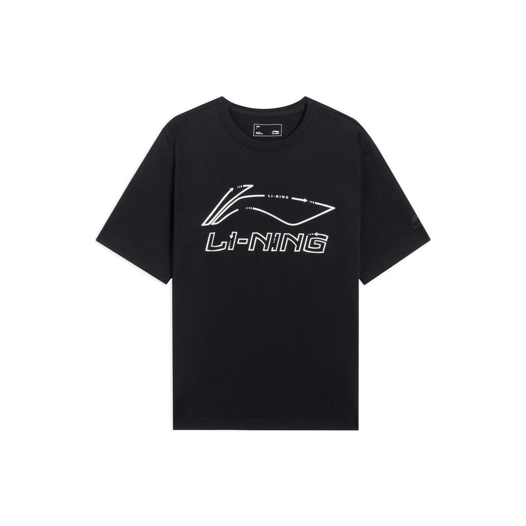 Li-Ning Sports Fashion Series Brand Logo Letter Print Round Neck Knit Short Sleeve T-Shirt Men Tops Black AHSSA51-1