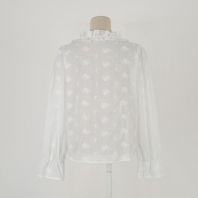 Fashion New Ruffled V-neck White Lace Shirt Women Long Sleeve Tops Lace-up Elegant White Blouse Women Vintage Hollow Solid Slim Fit Female Shirt 26238