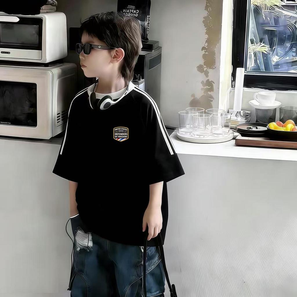Boys Summer Cotton Loose Short Sleeve T Shirt Cool Three Stripe Kids Half Sleeve Top