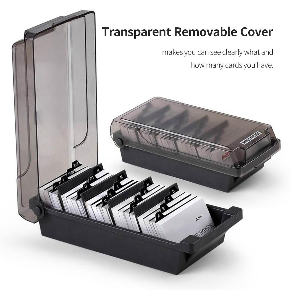 Professional Business Card Holder Box for  , Large Capacity 500 Card Storage with Dividers and Index Tabs, Clear Plastic Lid