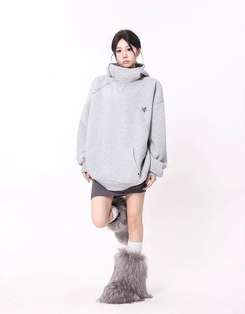 TOWYYO Turtleneck Hoodie with Star Zipper Solid Long Loose Plus Sizes Voluminous Ninja Winter Women's Harajuku-Style Decoration, Closure, Color,