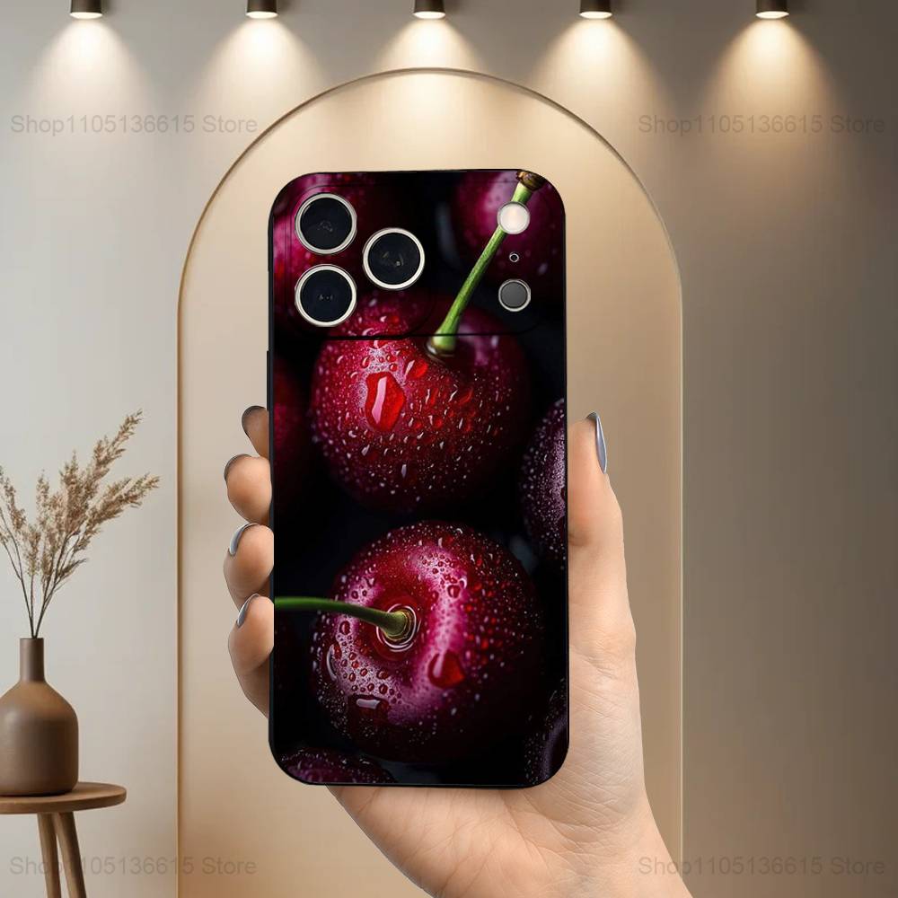 

Fruit Tasty Cherry Phone Case For iPhone 17,16,15,14,13,12,11,Plus,Pro Max,XS,X,XR,SE,Mini,8,7,Soft Silicone Black iPhone13PRO