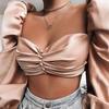 Vintage Puff Long Sleeve Blouse Shirt Crop Top Women Faux Silk Satin Square Neck Button Tops and Blouses