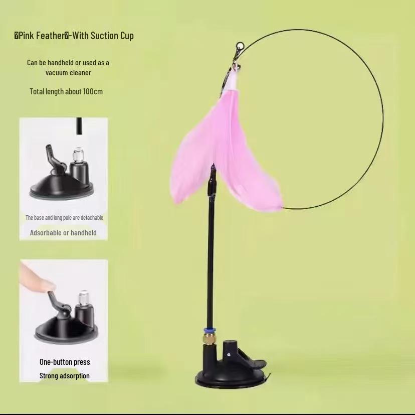 Cat Teaser Wand with Detachable Feather & Bell, Strong Suction Cup for Self-Play