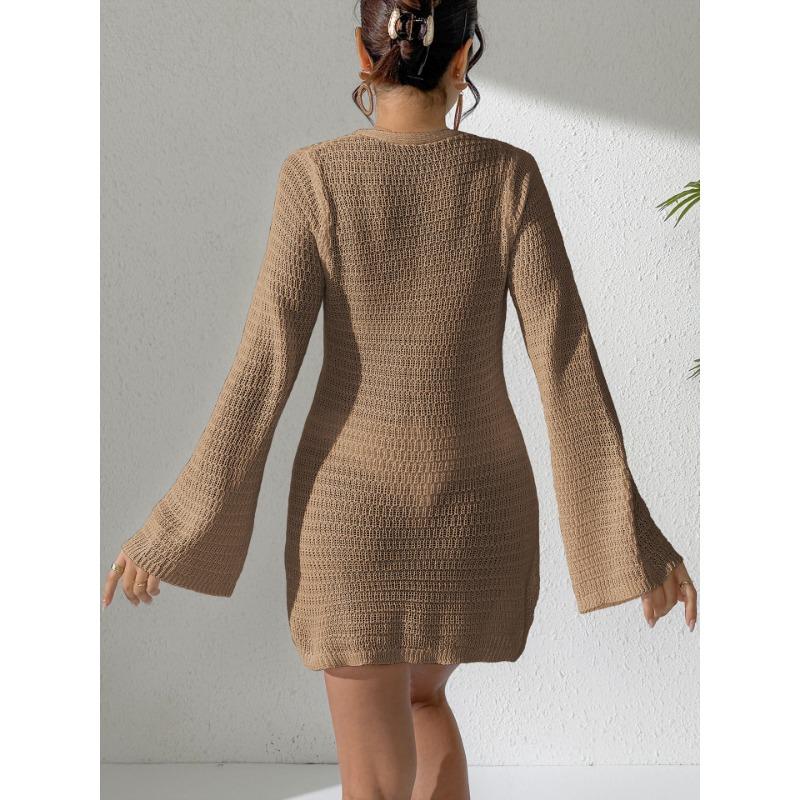Women Sexy Deep V Hollow Out Long Flare Sleeve Crochet Flower Bodycon Mini Beach Cover Up Dress