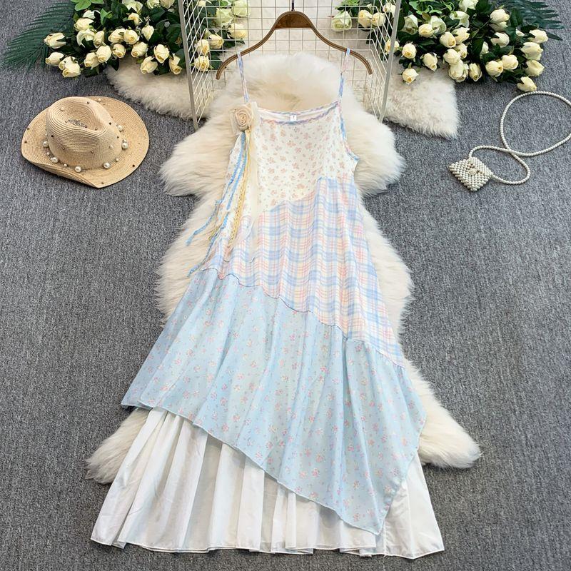 

Contrast Color Plaid Patchwork Floral Sling Dress Women 2025 Summer New Niche Design Irregular Skirts Light Blue All yards